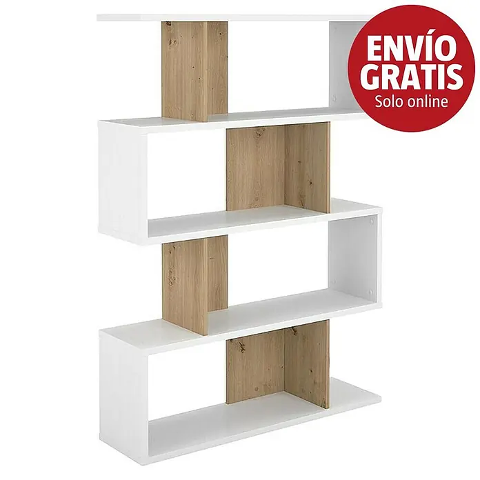 Meka Block Estantería de madera K-562 - L x An x Al: 28,6 x 110 x 152,5 cm, Número de baldas: 5 ud., Atornillado, Blanco Soft/Roble Albar - Estantería moderna en forma de S con baldas blancas y soportes verticales efecto madera clara.