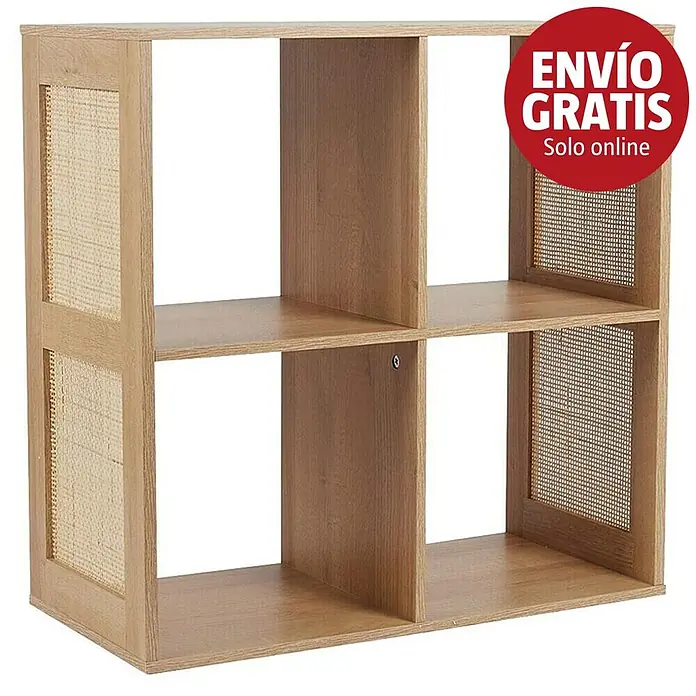 Home Deco Factory Bali Estantería de madera - L x An x Al: 32 x 66 x 66 cm, Marrón, Con ratán trenzado - Estantería de madera clara con cuatro compartimentos, dos con detalles de ratán trenzado.