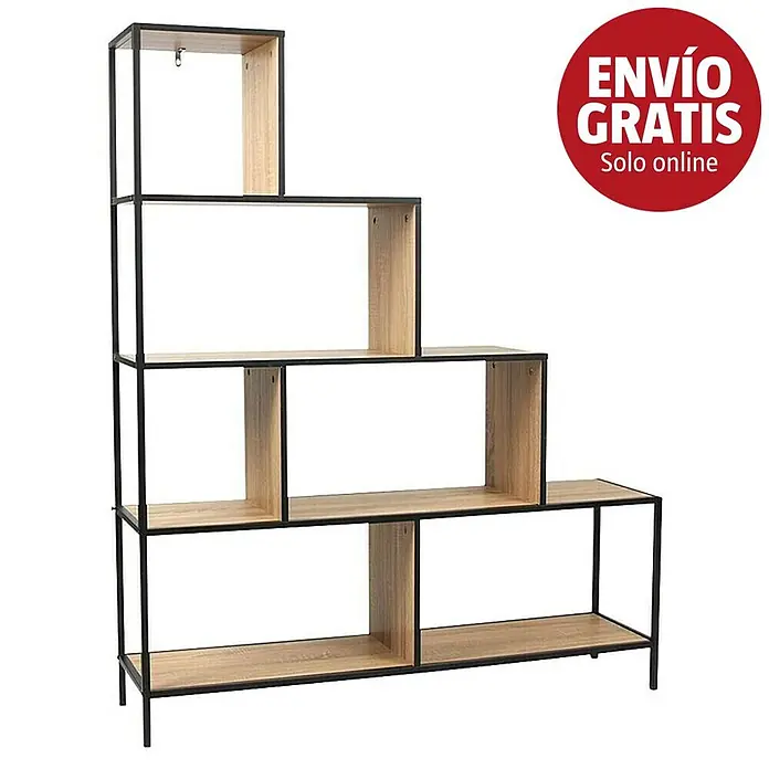 Home Deco Factory Edison Estantería metálica - L x An x Al: 30 x 120 x 146 cm, Metal/Madera, Negro/Marrón, Forma de escalera - Estantería escalonada con estructura de metal negro y baldas de madera clara.