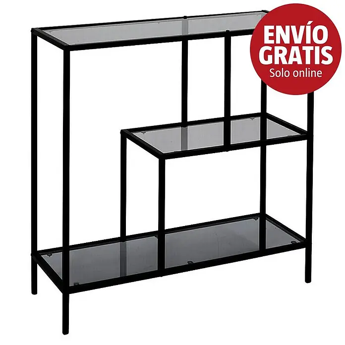 Home Deco Factory Edison Estantería metálica - L x An x Al: 30 x 80 x 79,5 cm, Metal/Vidrio templado, Negro - Estantería escalonada de metal negro y cristal ahumado.
