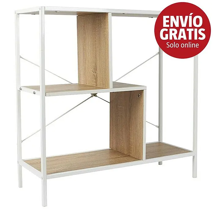 Home Deco Factory Edison Estantería metálica - L x An x Al: 30 x 80 x 79,5 cm, Metal/Madera, Blanco/Marrón - Estantería asimétrica de metal blanco y efecto madera clara.