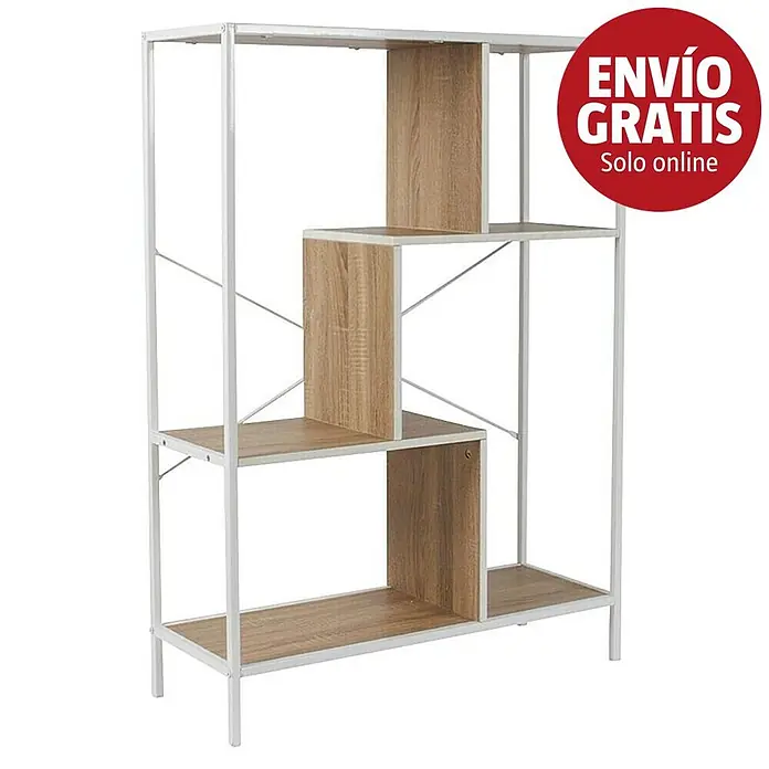 Home Deco Factory Edison Estantería metálica - L x An x Al: 30 x 80 x 113 cm, Metal/Madera, Blanco/Marrón - Estantería moderna con estructura de metal blanco y estantes escalonados de efecto madera clara.
