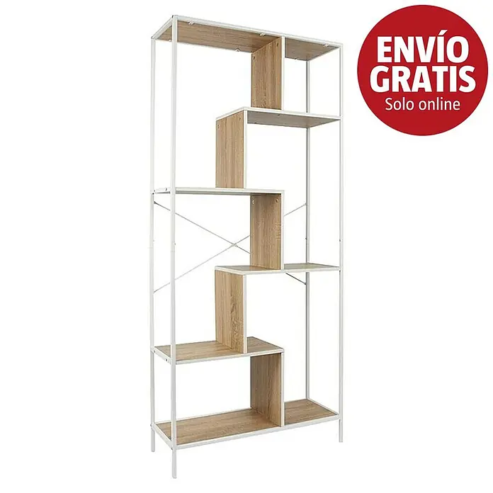 Home Deco Factory Edison Estantería metálica - L x An x Al: 30 x 80 x 180 cm, Metal/Madera, Blanco/Marrón - Estantería moderna con estructura de metal blanco y baldas de madera clara en diseño zigzag.