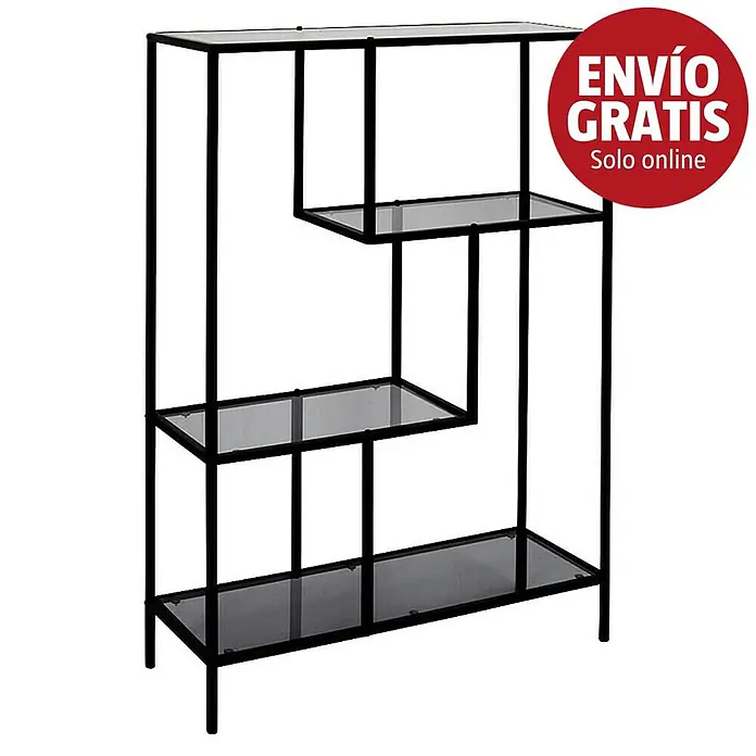Home Deco Factory Edison Estantería metálica - L x An x Al: 30 x 80 x 113 cm, Metal/Vidrio templado, Negro - Estantería asimétrica de metal negro y cristal con diseño moderno.