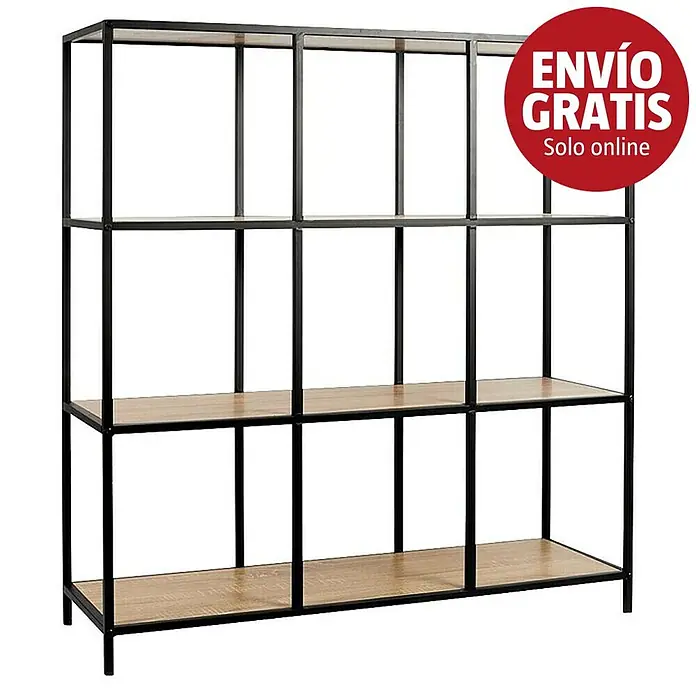 Home Deco Factory Loka Estantería de madera - L x An x Al: 32 x 99 x 105,5 cm, Negro/Marrón, Metal/MDF - Estantería de metal negro y efecto madera con tres niveles y diseño de rejilla.