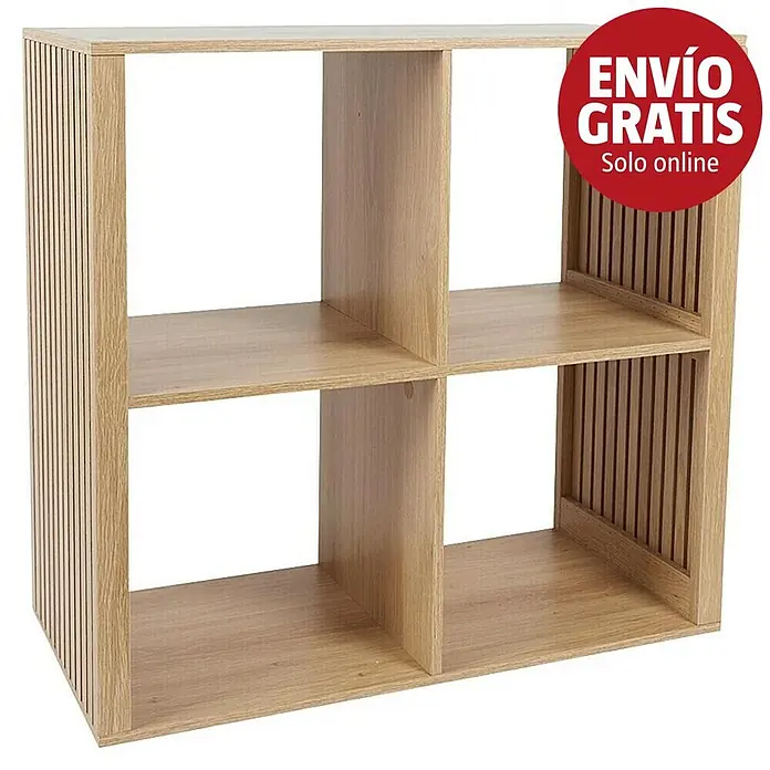Home Deco Factory Klaus Estantería de madera - L x An x Al: 32 x 69,6 x 66 cm, Marrón, Diseño acanalado - Estantería de madera clara con cuatro compartimentos y paneles laterales de lamas.