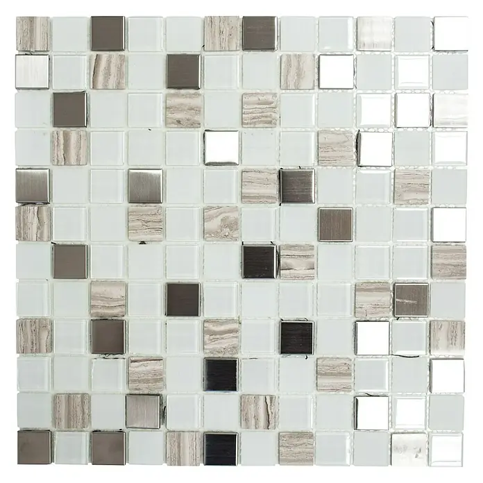 Selbstklebemosaik SAM 4CM32 - 30 x 30 cm, Mix Weiß, Glänzend - Mosaikfliese: Ein quadratisches Muster aus weißen, silbernen und marmorierten Fliesen für stilvolle Wand- und Bodengestaltungen.