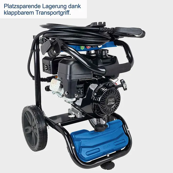 Scheppach Hochdruckreiniger HCP5000 - 4,3 kW, Max. Druck: 241 bar, Fördermenge: 590 l/h - Schwarzer Hochdruckreiniger mit 212ccm Motor, blauem Seifentank und klappbarem Griff für platzsparende Lagerung.