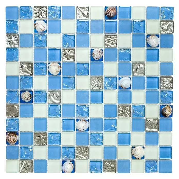 Mosaikfliese Quadrat Crystal XCM 8OP8 - 30 x 30 cm, Blau, Glänzend - Ein quadratisches Mosaik mit blauen, weißen, silbernen und Muschel-Akzenten für ein maritimes Flair in jedem Raum.