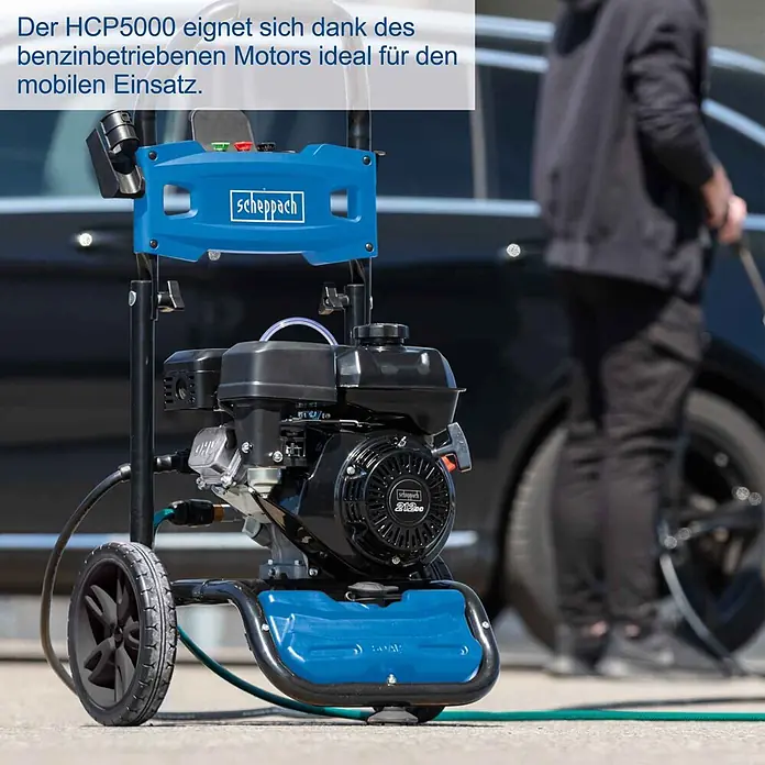 Scheppach Hochdruckreiniger HCP5000 - 4,3 kW, Max. Druck: 241 bar, Fördermenge: 590 l/h - Blauer und schwarzer Scheppach HCP5000 Benzin-Hochdruckreiniger mit Rädern, ideal für mobilen Einsatz.