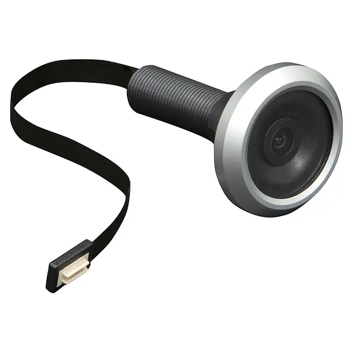 Abus Digitaler Türspion DTS2814 - Stärke Tür: 38 mm - 100 mm, 2,8 ", TFT-Bildschirm, Einbaudurchmesser: 14 mm, Silber/ Schwarz - Silberner und schwarzer digitaler Türspion mit Kameraobjektiv, zylindrischem Gehäuse und schwarzem Flachbandkabel mit Mehrfachstecker.