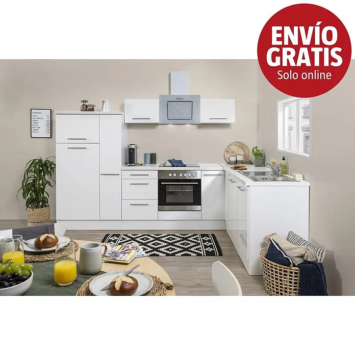 Respekta Premium Cocina esquinera Amanda - An x Pr: 290 x 200 cm, Blanco, Con electrodomésticos - Cocina blanca en L con horno, vitrocerámica y fregadero, en un ambiente moderno de cocina.