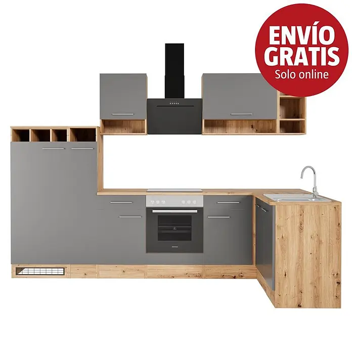 Respekta Cocina esquinera Hilde - Ancho: 310 cm, Gris, Efecto madera, Con electrodomésticos - Conjunto de cocina en L con armarios grises, elementos de madera, electrodomésticos negros, fregadero, horno y vitrocerámica.