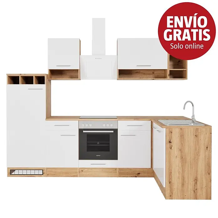 Respekta Cocina esquinera Hilde - Ancho: 280 cm, Blanco, Mate, Efecto madera, Con electrodomésticos - Cocina moderna en forma de L con armarios blancos, encimeras efecto madera, horno, vitrocerámica, fregadero y campana extractora integrados.