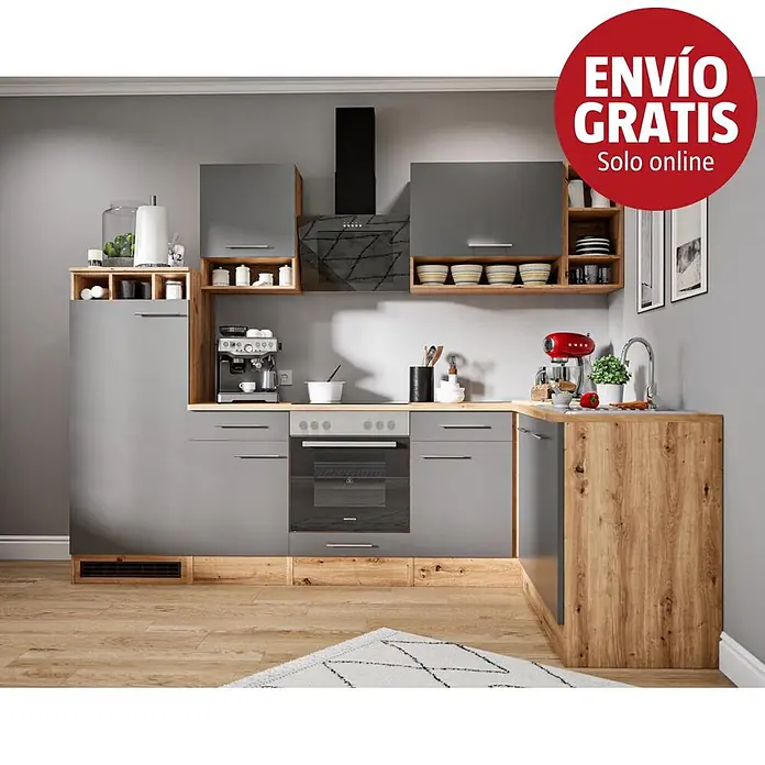Respekta Cocina esquinera Hilde - Ancho: 280 cm, Gris, Mate, Efecto madera, Con electrodomésticos - Cocina moderna con gabinetes grises y detalles de madera, con horno integrado, fregadero y espacio para nevera.