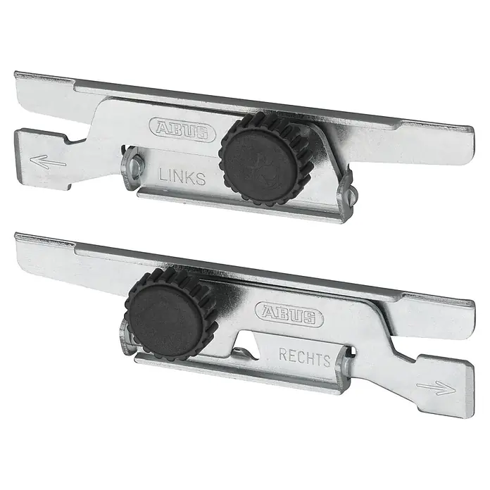 Abus Rollladensicherung RS 97 - Passend für: Fensterrolläden, kein Bohren, kein Schrauben, 2 Stk. - Zwei silberne Fenstersicherungen aus Metall mit schwarzen Rändelknöpfen, beschriftet mit "LINKS" und "RECHTS".
