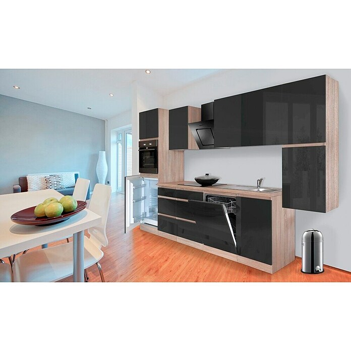 Respekta Premium Küchenzeile GLRP330HESS (Breite: 330 cm, Mit Elektrogeräten, Schwarz Hochglanz)