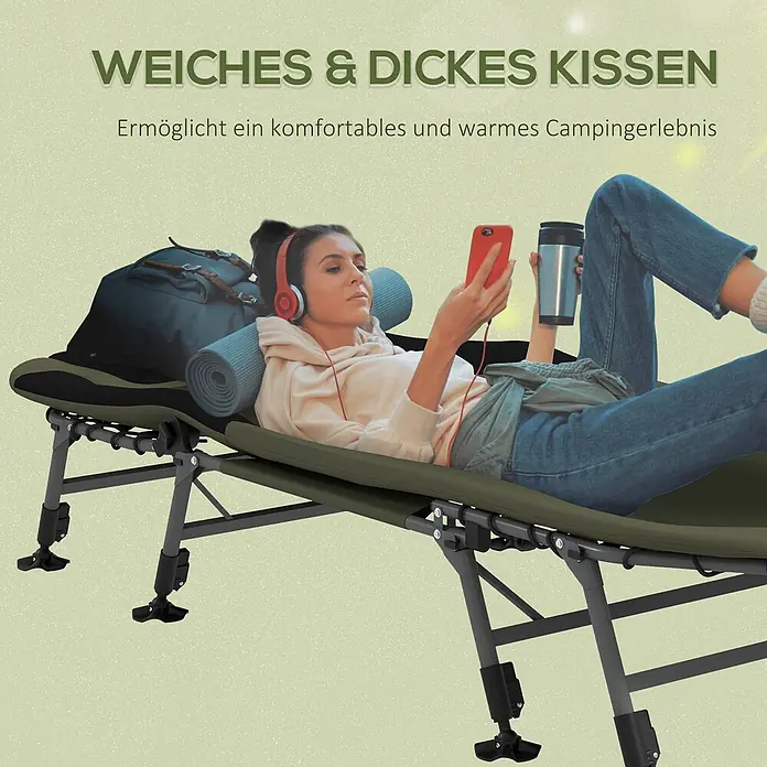 Outsunny-Campingbett-Grün-200L x 85B x 40-51H cm -  - Frau entspannt auf einem dunkelgrünen Campingbett mit weichem Kissen und stabilem Rahmen, für komfortables Campen.