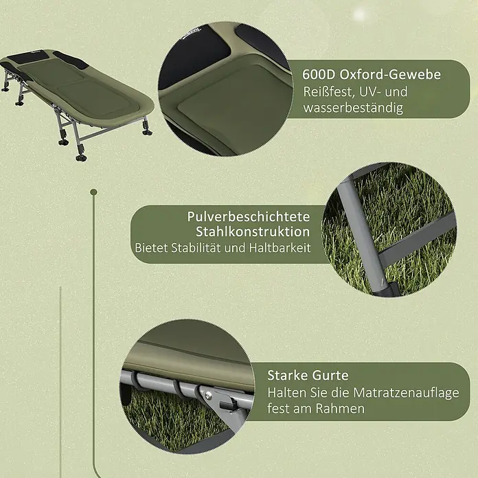 Outsunny-Campingbett-Grün-200L x 85B x 40-51H cm -  - Olivgrüne Campingliege aus 600D Oxford-Gewebe mit pulverbeschichtetem Stahlrahmen für Stabilität und Haltbarkeit.