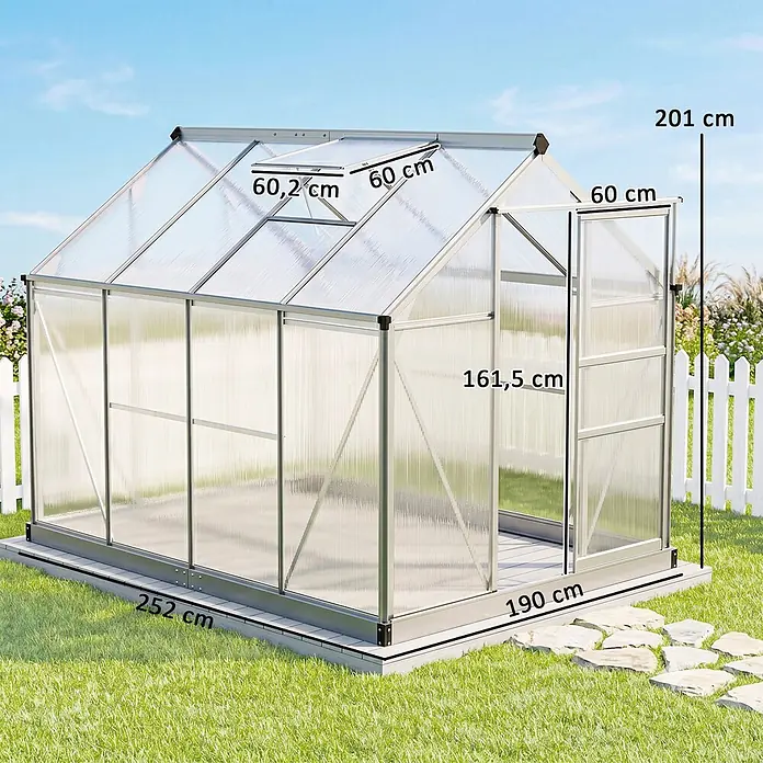 Outsunny Gewächshaus Silber 190L x 252B x 201H cm -  - Aluminium-Gewächshaus mit transparenten Paneelen im Garten. Maße: 252x190x201 cm (LxBxH).
