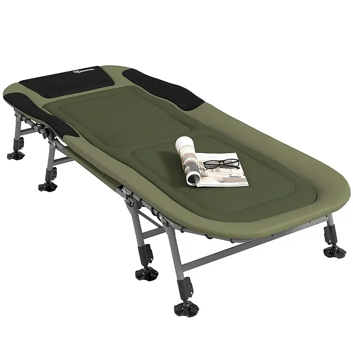 Outsunny-Campingbett-Grün-200L x 85B x 40-51H cm -  - Grünes Feldbett mit Polstermatte, schwarzen Akzenten und verstellbarem Gestell. Zeitschrift und Brille liegen darauf.