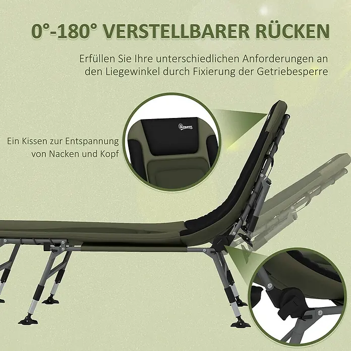 Outsunny-Campingbett-Grün-200L x 85B x 40-51H cm -  - Olivgrünes Feldbett mit 0-180° verstellbarer Rückenlehne und Kopfkissen.