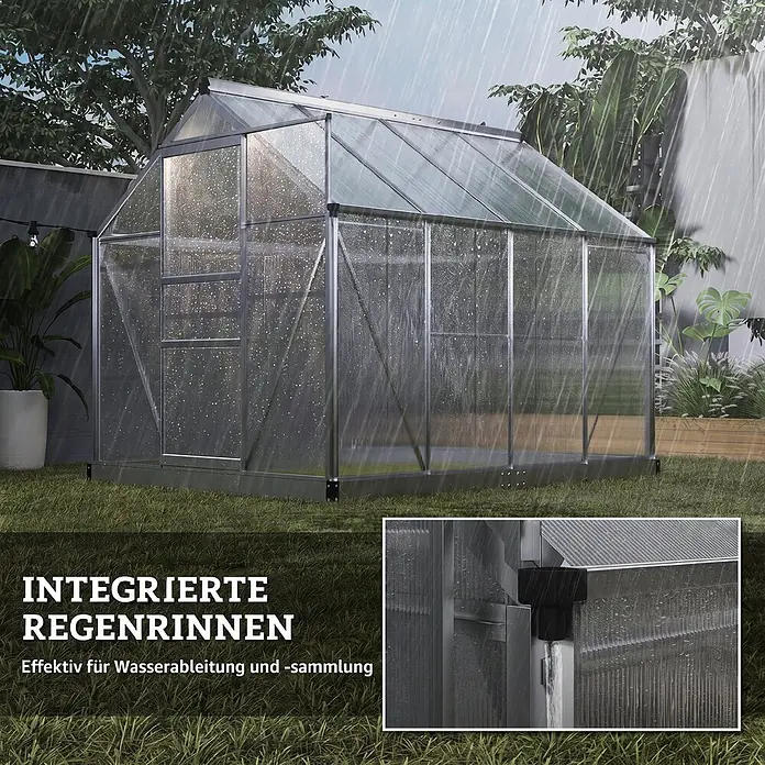 Outsunny Gewächshaus Silber 190L x 252B x 201H cm -  - Gewächshaus mit Aluminiumrahmen und transparenten Paneelen, zeigt integrierte Regenrinnen zur Wassersammlung.