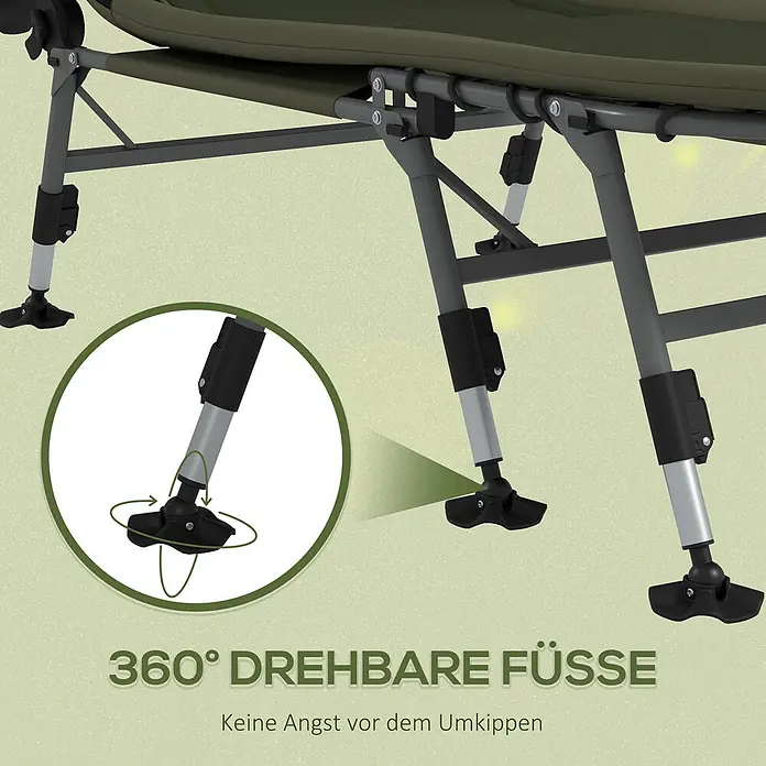 Outsunny-Campingbett-Grün-200L x 85B x 40-51H cm -  - Olivgrünes Feldbett mit grauen Metallbeinen und schwarzen 360-Grad-Drehfüßen für Stabilität auf unebenem Gelände.