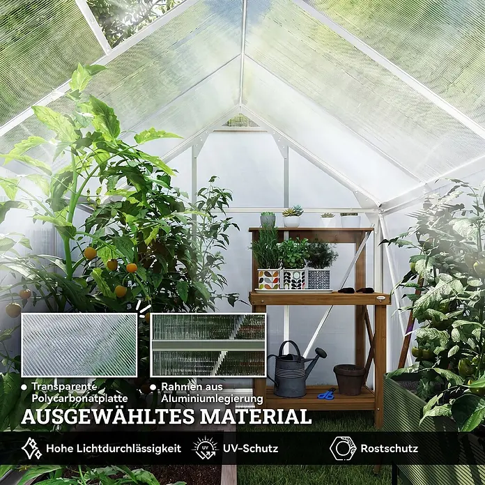 Outsunny Gewächshaus Silber 190L x 252B x 201H cm -  - Gewächshaus mit transparenten Polycarbonatplatten und Aluminiumrahmen, gefüllt mit Pflanzen, hebt hohe Lichtdurchlässigkeit, UV-Schutz und Rostschutz hervor.