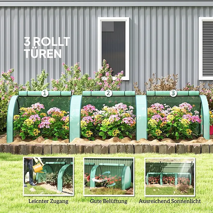 Outsunny-Gewächshaus-350L x 100B x 80H cm -  - Drei grüne Mini-Gewächshäuser mit Rolltüren schützen bunte Pflanzen, zeigen einfachen Zugang, Belüftung und Sonnenlicht.