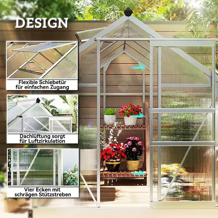 Outsunny Gewächshaus Silber 190L x 252B x 201H cm -  - Gewächshaus aus Polycarbonatplatten und Aluminiumrahmen, zeigt flexible Schiebetür, Dachlüftung und schräge Eckstreben im Garten.