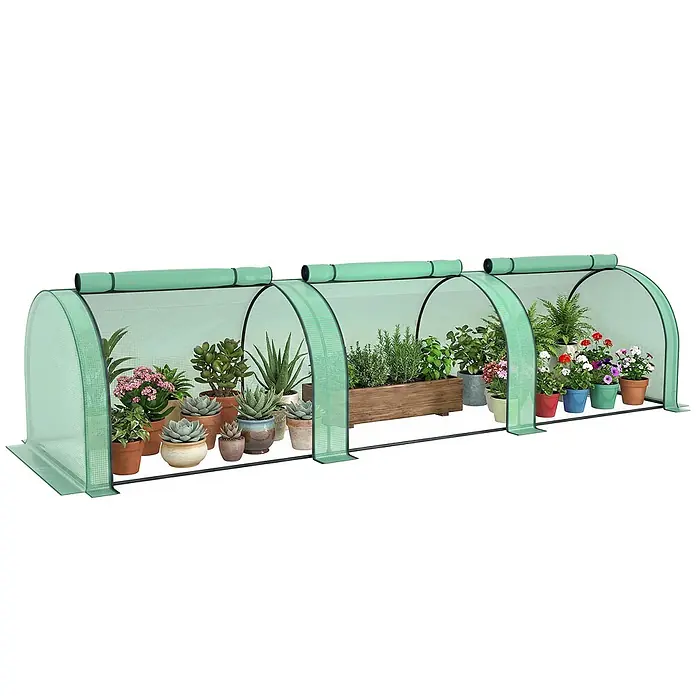 Outsunny-Gewächshaus-350L x 100B x 80H cm -  - Grünes tragbares Mini-Gewächshaus mit mehreren Abschnitten, das verschiedene Topfpflanzen wie Sukkulenten, Kräuter und Blumen beherbergt.