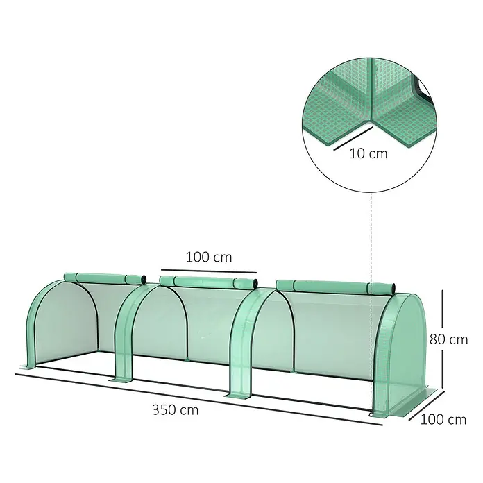 Outsunny-Gewächshaus-350L x 100B x 80H cm -  - Grünes Tunneltreibhaus, 350x100x80 cm, aus Netzgewebe mit Reißverschlussdetails zum Schutz von Pflanzen.