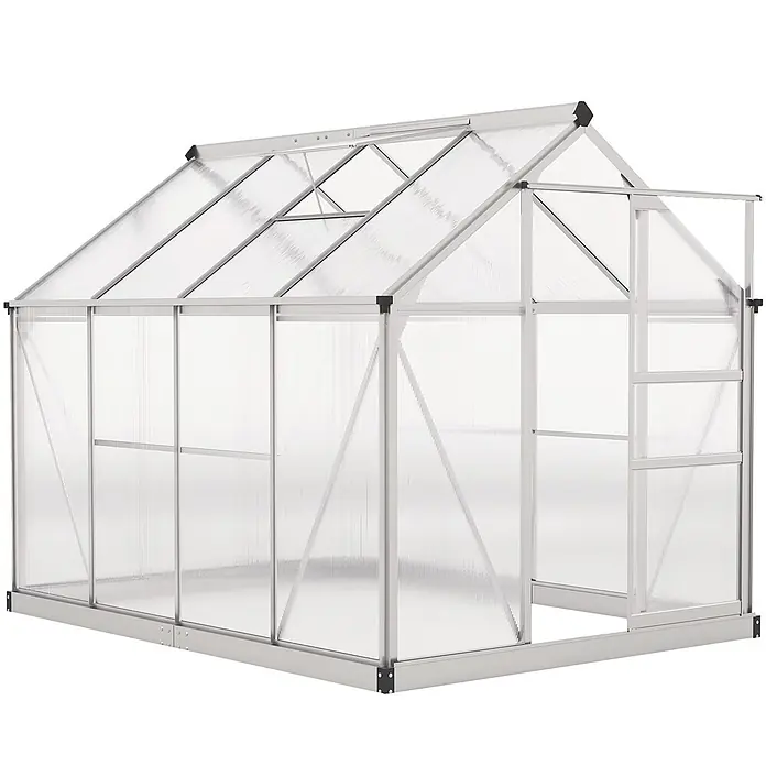 Outsunny Gewächshaus Silber 190L x 252B x 201H cm -  - Gewächshaus mit silbernem Aluminiumrahmen und transparenten Polycarbonatplatten, mit Giebeldach und Schiebetür.