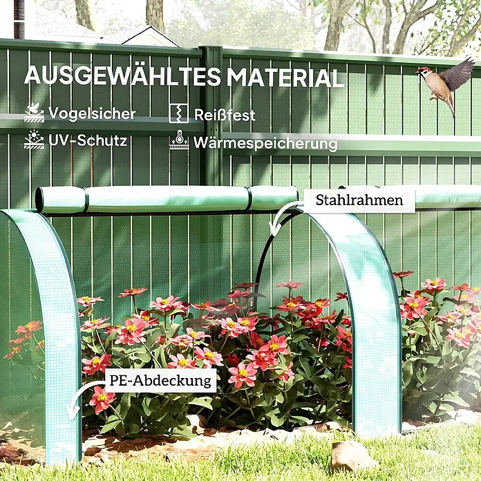 Outsunny-Gewächshaus-350L x 100B x 80H cm -  - Grüner Gewächshaustunnel mit lichtdurchlässiger, UV-schützender PE-Abdeckung und Stahlrahmen, der rote Blumen beherbergt. Reißfest und vogelsicher.