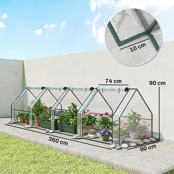 Outsunny Gewächshaus Transparent 360L x 90B x 90H cm -  - Vier transparente Gewächshäuser mit grünem Rahmen für Topfpflanzen, Maße: L 360cm, B 90cm, H 90cm.