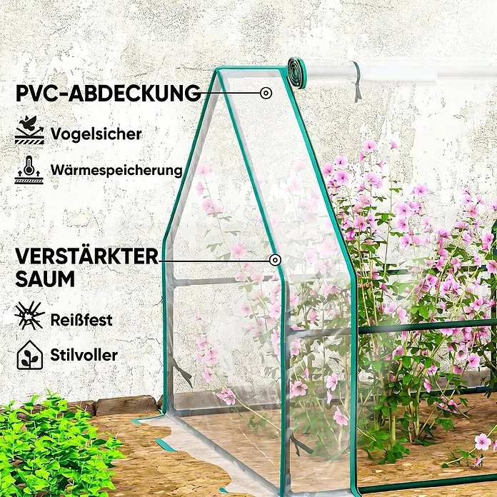 Outsunny Gewächshaus Transparent 360L x 90B x 90H cm -  - Transparentes PVC-Pflanzengewächshaus mit grünem Rahmen, schützt rosa Blumen. Mit Rolltür und verstärktem Saum für den Garten.