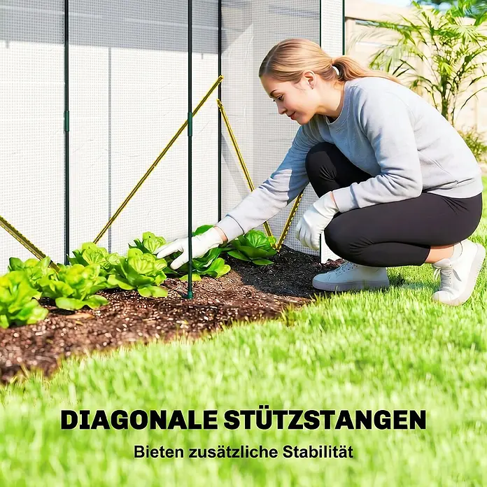 Outsunny-Gewächshaus-200L x 75B x 188H cm -  - Diagonale Stützstangen im Gewächshaus, die Stabilität bieten, während eine Frau drinnen gärtnert.