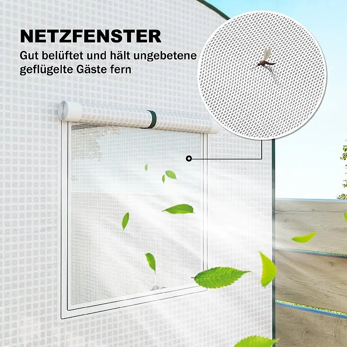 Outsunny-Gewächshaus-200L x 75B x 188H cm -  - Netzfenster zur Belüftung und Insektenschutz, mit Rolljalousie. Eine vergrößerte Detailansicht zeigt eine Mücke.