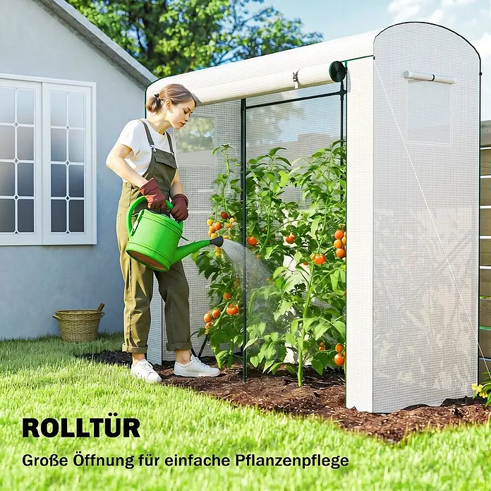 Outsunny-Gewächshaus-200L x 75B x 188H cm -  - Rolltür-Gewächshaus aus weißem, transluzentem Stoff zur einfachen Pflanzenpflege. Eine Person gießt Pflanzen darin.