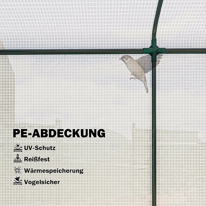 Outsunny-Gewächshaus-200L x 75B x 188H cm -  - Durchsichtige PE-Gewächshausabdeckung mit Gittermuster, ein Vogel hinter dem Material und grüne Rahmenteile sind sichtbar.