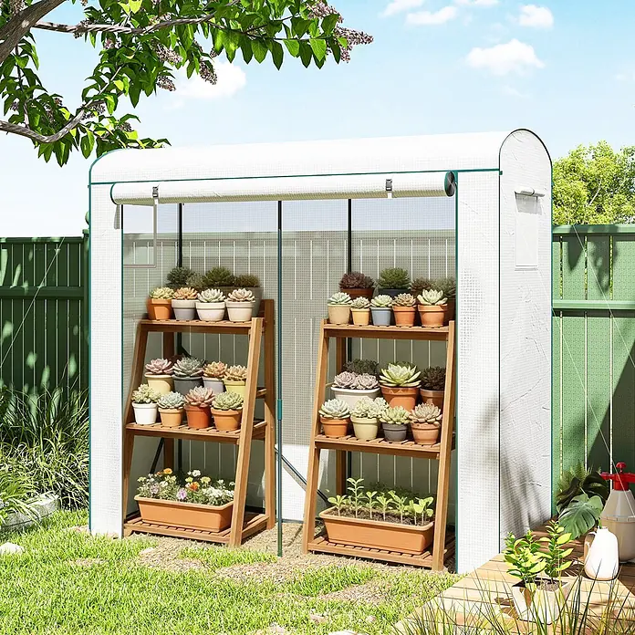 Outsunny-Gewächshaus-200L x 75B x 188H cm -  - Weiß-grünes begehbares Gewächshaus mit Holzregalen voller Topfsukkulenten und Setzlingen im sonnigen Garten.