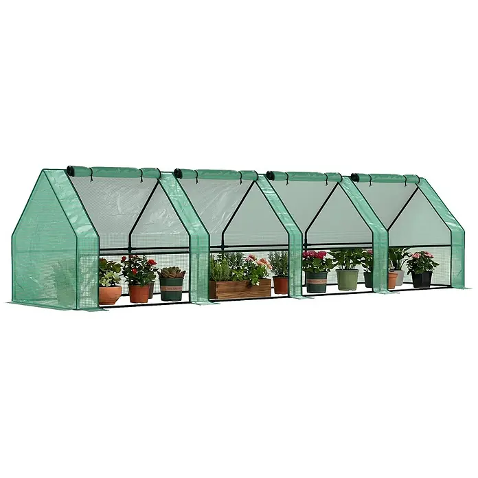 Outsunny Gewächshaus Grün 360L x 90B x 90H cm -  - Langes, grünes, modulares Mini-Gewächshaus mit mehreren Abschnitten und Topfpflanzen für den Gartenbau.
