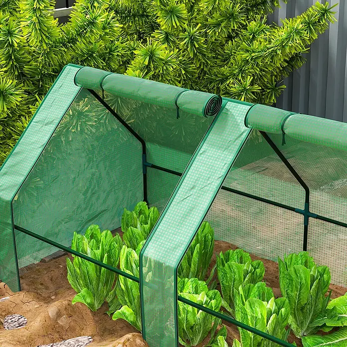 Outsunny Gewächshaus Grün 360L x 90B x 90H cm -  - Grünes Mini-Gewächshaus schützt Salatpflanzen im Garten. Mit transparenter Gitterabdeckung und aufgerollter Öffnung.