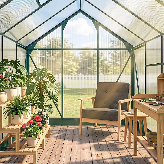 Outsunny Gewächshaus Grün 190L x 252B x 201H cm -  - Gewächshaus-Innenraum mit grünem Rahmen, transluzenten Platten, Holzfußboden, Topfpflanzen, grauem Sessel und Holz-Pflanztisch.