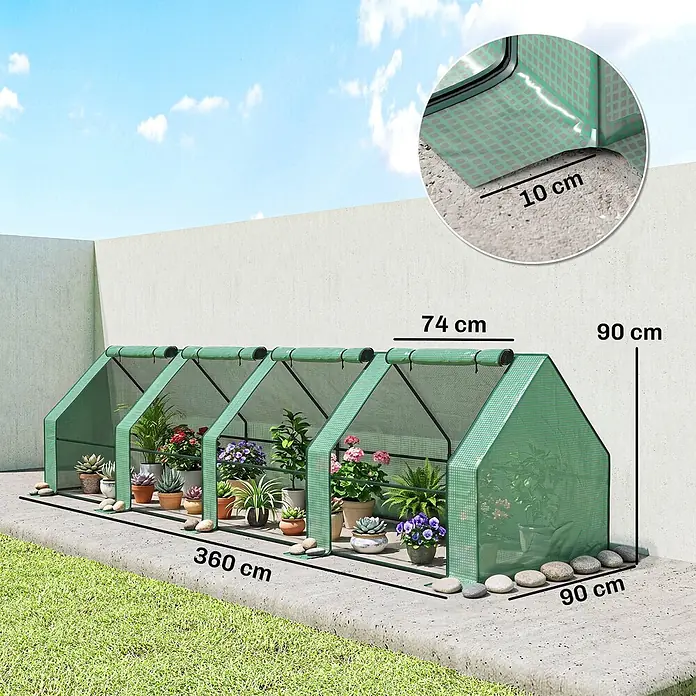 Outsunny Gewächshaus Grün 360L x 90B x 90H cm -  - Grünes vierteiliges Mini-Gewächshaus mit Pflanzen, 360x90x74 cm, mit 10 cm stabilisierender Bodenlasche.