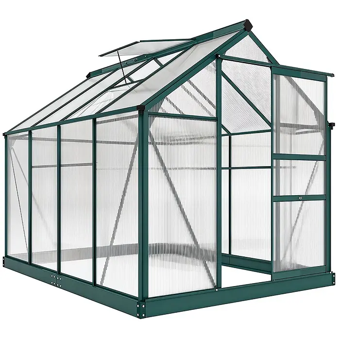 Outsunny Gewächshaus Grün 190L x 252B x 201H cm -  - Grünes Gewächshaus mit lichtdurchlässigen Polycarbonatplatten, Dachlüftung und Schiebetür zum Gärtnern.