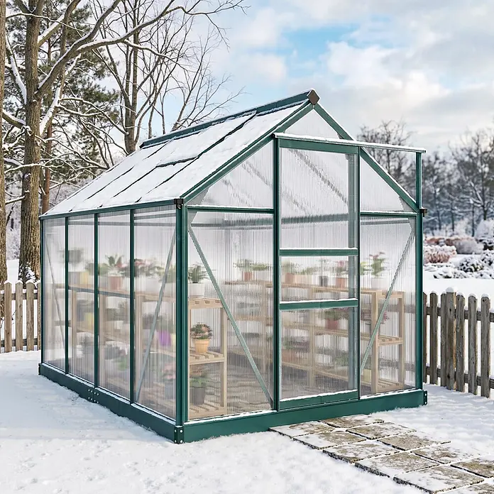 Outsunny Gewächshaus Grün 190L x 252B x 201H cm -  - Gewächshaus mit grünem Rahmen und transparenten Paneelen in einem verschneiten Garten, gefüllt mit Topfpflanzen auf Regalen. Schnee bedeckt das Dach.