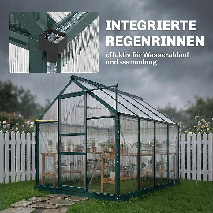Outsunny Gewächshaus Grün 190L x 252B x 201H cm -  - Grünes Gewächshaus mit transparenten Platten und integrierten Regenrinnen zur Wassersammlung im Garten bei Regen.