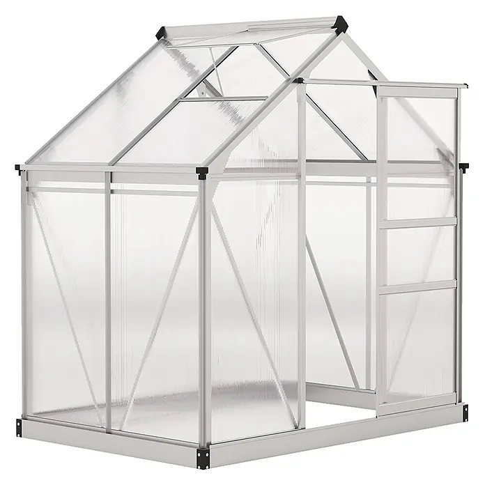 Outsunny Gewächshaus Silber 190L x 132B x 201H cm -  - Silbernes Aluminium-Gewächshaus mit transparenten Polycarbonat-Paneelen, Dachfenster und Schiebetür.